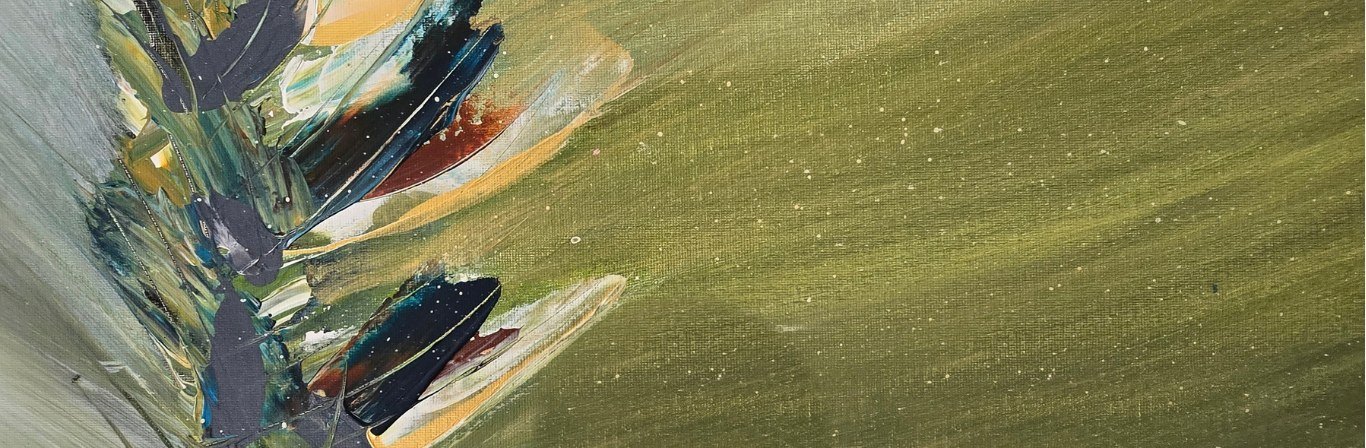 Detail of the painting Green Whisper: olive green canvas with dark blue, grey and ochre palette knife strokes